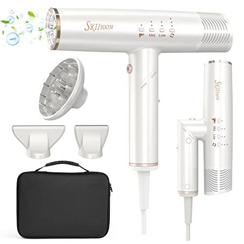 Professional Ionic Hair Dryer With Diffuser, Travel Blow Dryer, Lightweight Foldable Hair Blow Dryer, Brushless Motor 120,000RPM for Fast Drying, Constant Temperature & Low Noise & Reduce Frizz(White)