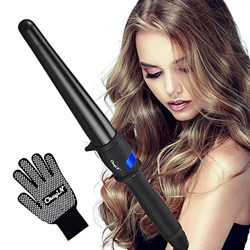 CkeyiN Curling Wand, 1~1.25 Inch Ceramic Tapered Barrel Curling Iron with Anti-Scald Design, Professional Adjustable Temperature LCD Display Dual Voltage Hair Styling Tool for Women