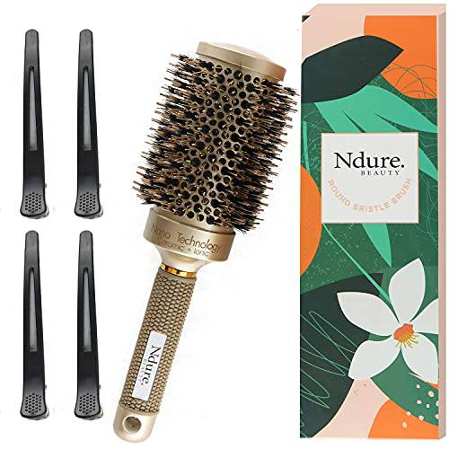 Round Hair Brush for Blow Drying, Single Brush with 4 Hair Clips Included, Ceramic & Ionic Tech Hair Brush with Boar Bristles, Round Barrel Brush for Styling, Curling and Straightening