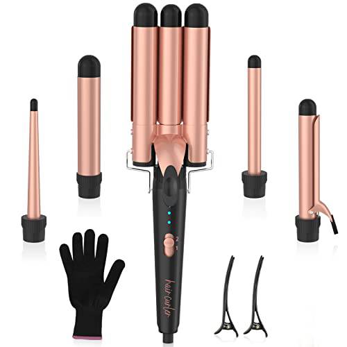 Curling Iron, 6-in-1 Curling Wands, Hair Curling Wands for Long Short Hair PTC Ceramic Curling Tongs with Adjustable Temperature Dual Voltage with Glove & 2 Clips