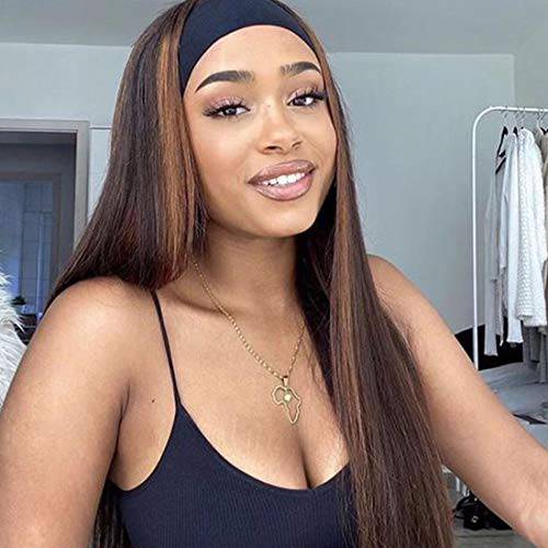 Nuyoah Long Straight Highlights Wigs for Women Synthetic Mix Brown Headband Wigs Glueless None Lace Front Wigs Brown Blonde Mixed Color Silky Straight Hair Wigs for Women Daily Party Use 20 inches