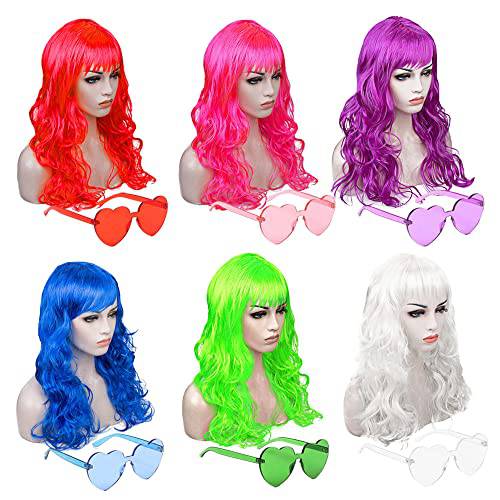 DIYI Long Colorful Wigs 6 Pack Wavy Party Wigs Curly Color Wigs for Women Bachelorette Party Decorations Supplies Favors – Extra 6 Pack Neon Party Glasses Add (Blue, White, Green, Red, Purple, Pink)
