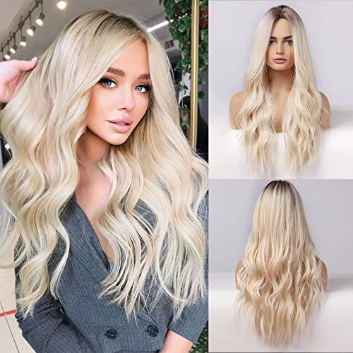 HAIRCUBE Long Blonde Wigs for Women Synthetic Curly Hair with Dark Roots Middle Parting