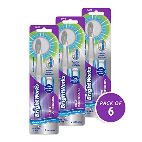BrightWorks Folding Travel Toothbrush, Portable Toothbrush with Soft Bristles and Tongue Cleaner - 6-Pieces