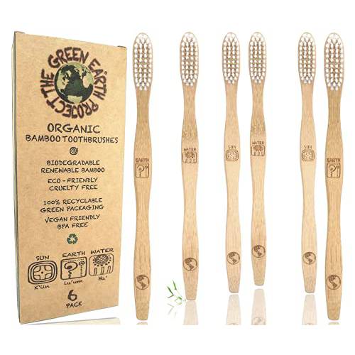 Organic Bamboo Toothbrushes - Eco-Friendly & Compostable 100% Biodegradable Wooden Handles - Durable BPA-Free Medium Soft Bristles - Vegan Manual Toothbrush for Adults with Sensible Gums (6Pack)