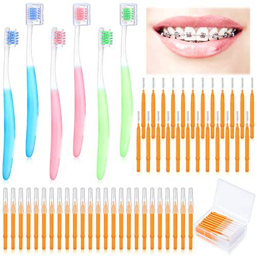 6 Pieces Brace Toothbrush V Shaped Orthodontic Toothbrush with Brush Head 40 Pieces Interdental Brush Soft Bristle Braces Brushes for Cleaning Portable Toothbrushes for Braces (Orange,Medium)
