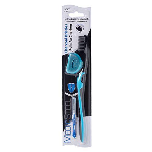 MedicSteel Orthodontic Toothbrush with Free Interdental Brush & Free Toothbrush Cover - Soft Charcoal BRISTLES - Oral Care - Black/Blue