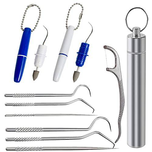 Tonvisupru 9 Pieces Dental Teeth Pick Tools Stainless Steel Toothpick Set Portable Tooth Stain Remover Plaque and Tartar Eraser with Holder