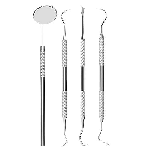 Goldie Dental Care Kit for Plaque Removal 4 Piece Tool Set Including Dentist Mirror and Tartar Scrapers and Tooth Picks Stainless Steel Dental Set With Case