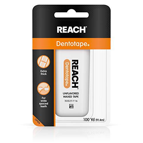 Reach Dentotape Waxed Dental Floss with Extra Wide Cleaning Surface for Large Spaces between Teeth, Unflavored, 100 Yards (Pack of 10)