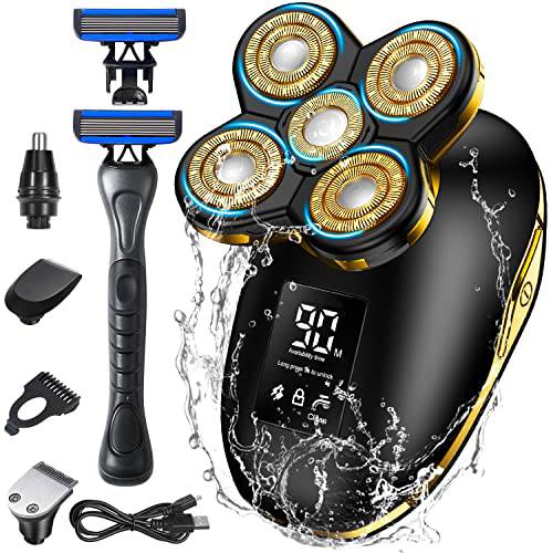 Head Shaver for Men Electric Razor Upgrade 6D Floating Electric Shaver 5 in 1 Wet & Dry Shaver Waterproof Bald Head Shaver LED Display Electric Rotary (Gold)