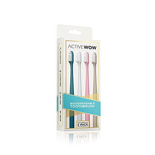 Active Wow Biodegradable Clean Eco Friendly Bio-Wheat Manual Toothbrush, Soft Deep Clean Bristles, Sustainable (4 Pack)