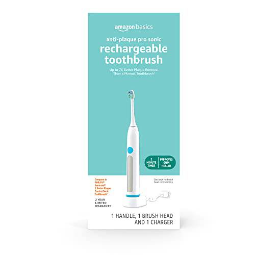 Amazon Basics Anti-Plaque Pro Sonic Rechargeable Toothbrush with Charger (Previously Solimo)