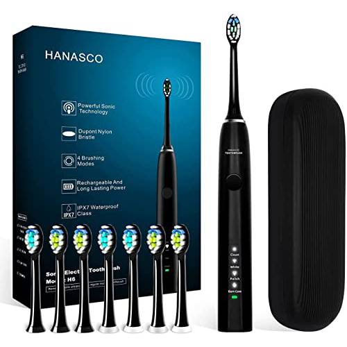 Hanasco Sonic Electric Toothbrush Rechargeable for Adults, 4 Modes with Build in 2 Mins Timer, 8 Brush Heads Included, Whitening Clean 4 Hours Charge for 100 Days Use, Soft Bristles, 38,000 VPM Black