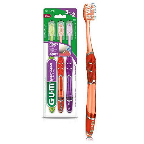 GUM - 525E Technique Deep Clean Toothbrush with Quad-Grip Handle, Compact Head & Soft Bristles, 3 Count