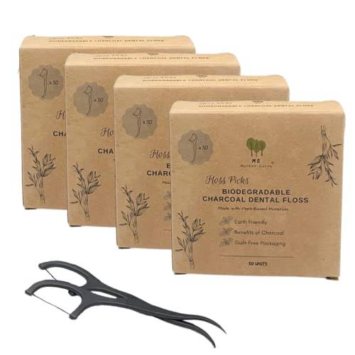 Me Mother Earth Vegan Dental Floss Picks (200 Count) – Natural | Sustainable | Eco Friendly | Charcoal Dental Flossers for a Zero Waste Oral Care