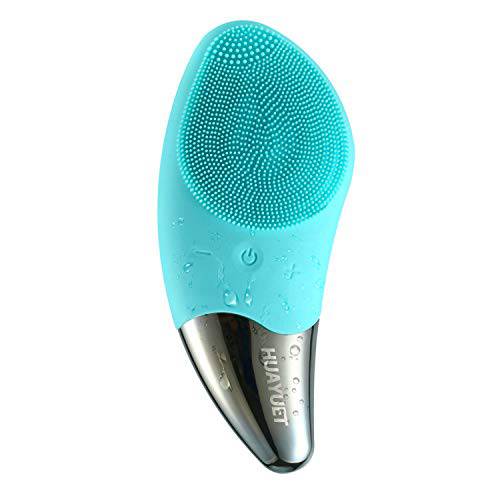 Huayuet Silicone Facial Cleansing Brush Rechargeable Sonic face Scrubber, Ultra Soft Silicone Scrubber for All Skin Deep Cleansing, Gentle Exfoliating,Vibrating, Massaging, IPX7 Waterproof（Green）