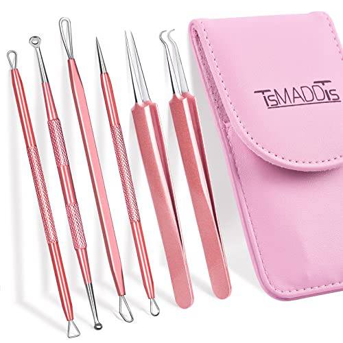 Blackhead Remover Tool,TsMADDTs 6 Pcs Pimple Popper Tool,Acne Extractor Removal Tool for Nose Face with Portable Leather Bag(Rose Golden)