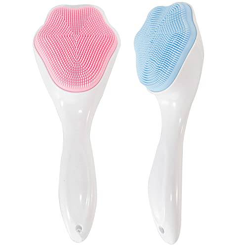 Silicone Face Scrubber Exfoliating Brush, Beomeen 2 Pack Manual Handheld Facial Cleansing Brush Blackhead Scrubber, Soft Bristles Waterproof for Face Skincare (Blue, Pink)