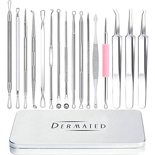 Dermated [16 Pack] Blackhead Remover Tools Pimple Popper Tool Kit | Stainless Steel Professional Pimple Extractor Tool Kit for Blackheads, Blemish, Comdone, Acne, Zit, and Whiteheads for Face & Nose