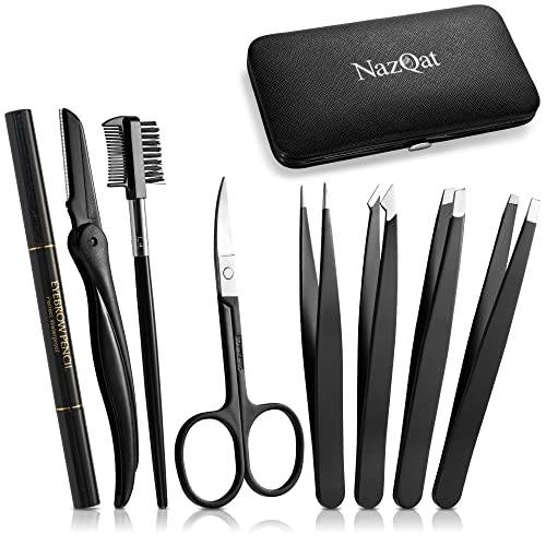 Professional Eyebrow Kit 8-Pack - 4Pc Eyebrow Tweezer Kit - Eyebrow Grooming Kit for Women & Men - Eyebrow Trimming Kit With Razor, Pencil, Eyebrow Scissors and Brush with Comb & Portable Travel Case