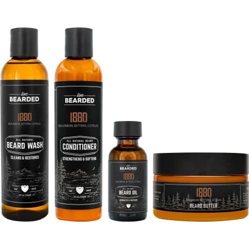 Live Bearded Complete Beard Grooming Kit - 1880 - Beard Conditioner, Beard Wash, Beard Oil and Beard Butter - All-Natural Beard Growth Support with Shea Butter, Jojoba Oil and More - Made in the USA
