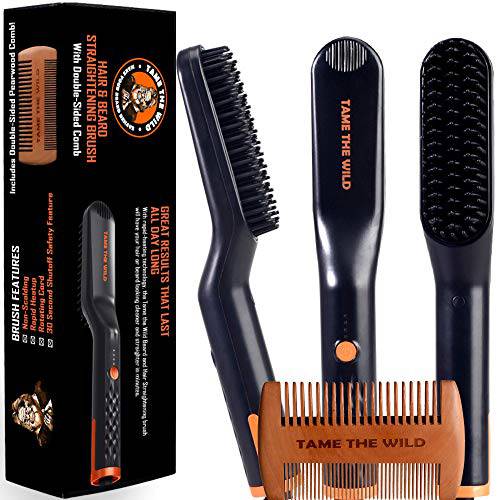 Tame The Wild Premium Beard Straightener - Ionic Anti-Scald Technology - Heated Beard Brush - 3 Temp Settings - Wooden Comb Included - Gift Set