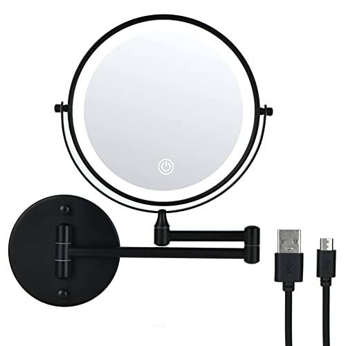Wall Mounted Lighted Makeup Mirror Bathroom Black USB Rechargeable Model 8 1X/10/ Magnifying Cosmetic Mirror with 3 Color Modes，Extended arm 360 Rotation Shaving Light up Mirror
