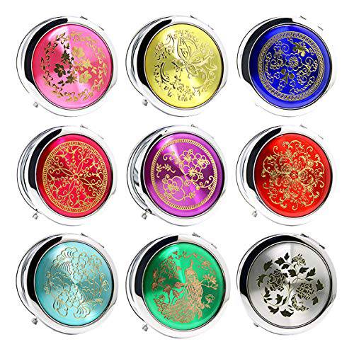 HUAMULAN 9PCS Compact Mirror Assorted Color Cosmetic Tool Makeup Hand Mirror,CD Veins Front Metal Frame Dual Sided,Wedding Favor Party Gifts Cute Perfect for Purse Travel,with Organza Pouch Gift Bag