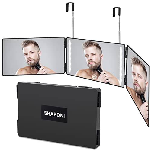 SHAPONI 3 Way Mirror with Led Lights for Hair Cutting - Rechargeable 360° Barber Mirror with Adjustable Height Telescoping Hooks, Trifold Self Cut Mirror, Black