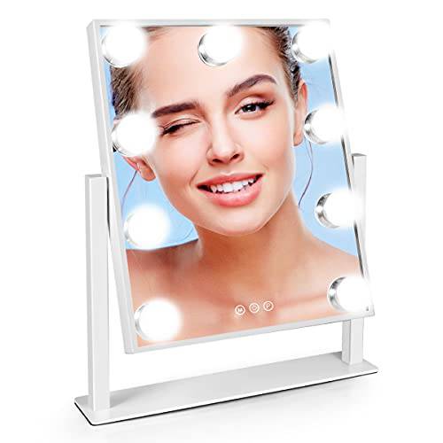 Vanity Mirror with Lights, Hollywood Lighted Makeup Mirror with 9 Dimmable LED Bulbs for Makeup Desk or Wall-Mounted, Slim Metal Frame Design Detachable 10X Magnification Plug-in with Adapter…