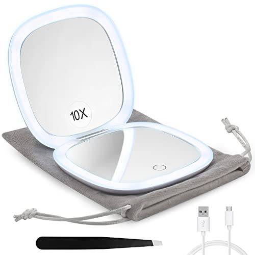 Magnifying Mirror with Light, Funtopia 1X/10X Magnification Compact Mirror, Dimmable Double Sided LED Lighted Travel Makeup Mirror, Portable for Handbag and Pocket, 3.9 inch, USB Charging (White