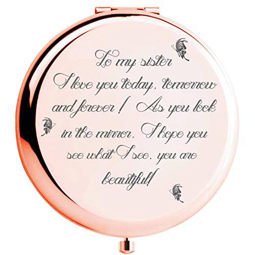 Fnbgl Sister Gifts from Sister Brother, Sisters Birthday Gift Ideas, Rose Gold Compact Mirror with Treasured Message for Mother’s Day, Birthday, Christmas, Graduation and Special Celebration