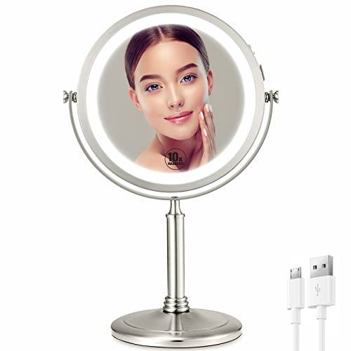 VESAUR 8” Rechargeable Lighted Makeup Mirror, 1X/10X Magnifying Vanity Mirror with 3 Colors 50 Dimmable LED Lights, Detachable Travel Cosmetic Mirror, Touch Control, Senior Pearl Nickel 360° Rotation