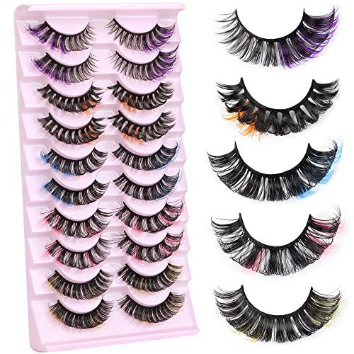 Colored Lashes with Color Fluffy Curly False Eyelashes Pack Wispy Dramatic Russian Strip Lashes D Curl Colored Eyelashes 5 Styles 10 Pairs by Zenotti
