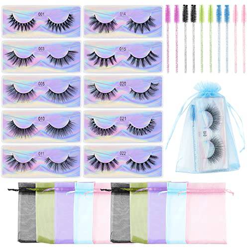False Lashes 10 Pairs 10 Styles New Faux Mink Eyelashes Mixed Natural Look Lashes Pack Soft Band Handmade Strip Lashes for Eye Makeup with Organza Bags & Lash Brush