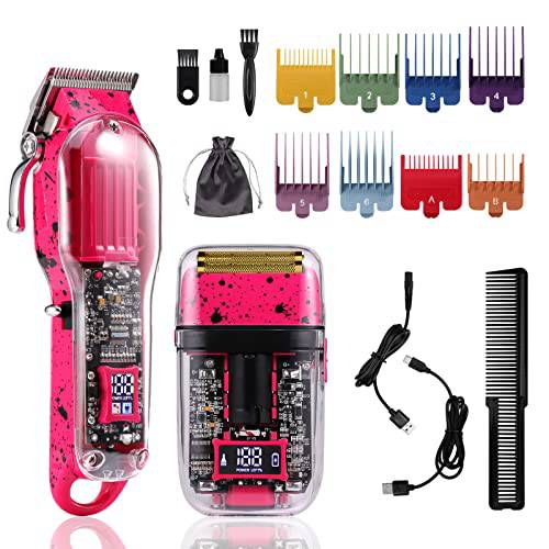 colorski Transparent Men Hair Clippers & Shaver , Clear Hair Cutting Kit Pro Hair Clippers for Men Professional Barber Clippers Cordless Beard Trimmer Hair Trimmer（Rose Red）