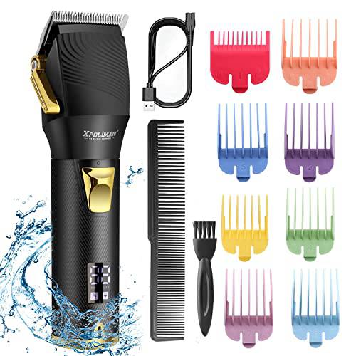 Hair Clippers for Men Cordless,Xpoliman Professional Clippers for Barbers Grooming Kit,Rechargeable Hair Cutting Kit,Stainless Steel Blades,Quite Wireless,LED Display, IPX7 Waterproof,Black & Gold