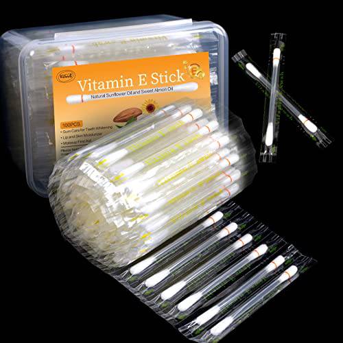 100PCS Vitamin E Stick Swab, Kugge Disposable VE Lip Oil Q-tip with Free Storage Case, for Teeth Whitening, Lip Moisturizing and Anti-Allergy for Gum