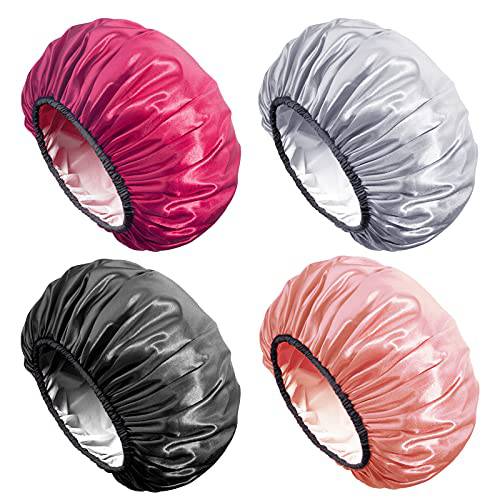 Aquior Shower Caps, Extra Large for Women Long Hair, Double Layer Waterproof Reusable Hair Cap 4 Pieces