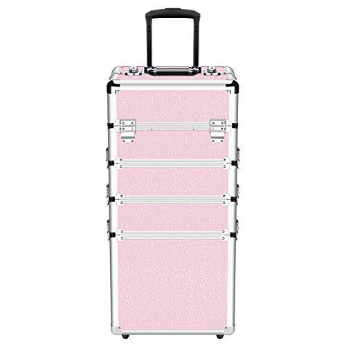 OUDMAY Makeup Train Case 4 in 1 Professional Cosmetics Rolling Organizer Aluminum Frame and Folding Trays
