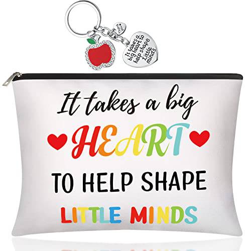 2 Pieces Teacher Appreciation Gifts Set It Takes a Big Heart to Help Shape Little Minds Makeup Cosmetic Pouch Pencil Bag and Teacher Keychains for School Teacher Festival Christmas