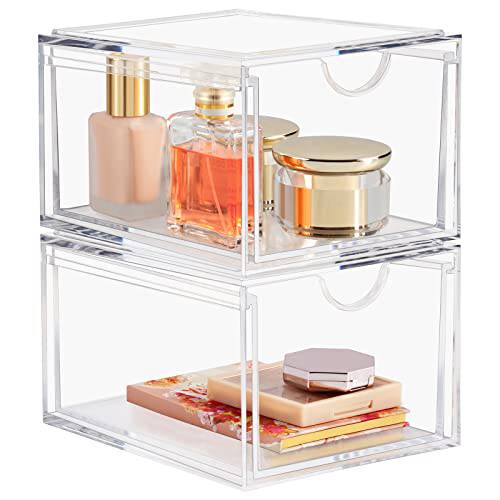 Boxalls 2 Pack Acrylic Stackable Organizer Makeup Drawers, 20% Thicker Clear Storage Organizer for Cosmetics, Skin Care, Hair Accessories, Bathroom, Under Sink, Vanity, Countertop and Dresser