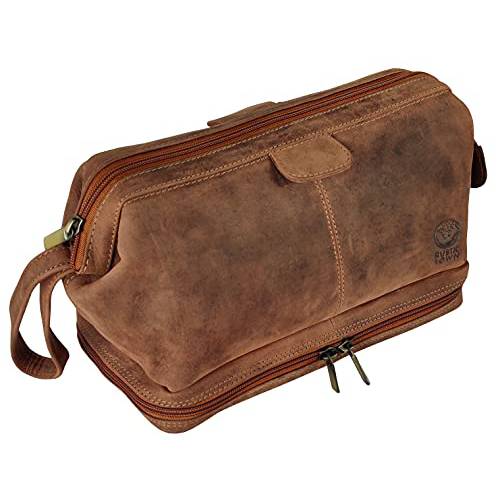 RUSTIC TOWN Genuine Leather Travel Cosmetic Bag - Hygiene Organizer Dopp Kit (Brown)