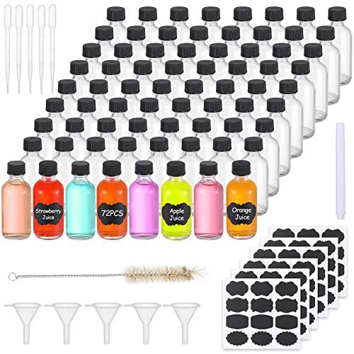 72, 2oz Small Clear Glass Bottles with Lids Boston Round Sample Bottles for Essential Oil Vanilla Hot Sauce Juice Whiskey Bourbon Liquid come with 5 Funnels,5 Droppers,72 Labels,1Brush&Chalk Marker