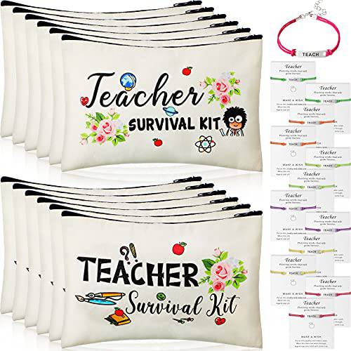24 Pieces Teacher Appreciation Present Set, 12 Teacher Survival Kit Bag Makeup Pouch Bag, 12 Teacher Blessing Card Bracelet, Teacher Cosmetic Bag Kit for Teacher’s Day (Elegant Style,9.1 x 5.9 Inch)
