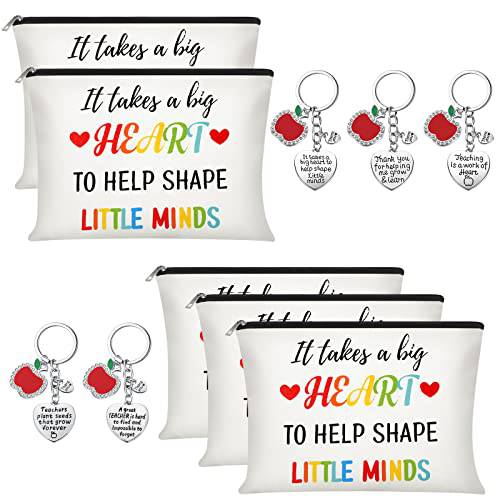10 Pcs Teacher Appreciation Gifts for Women, 5 Teacher Cosmetic Bag and 5 Keychains for Teachers Day Graduation (It Takes A Big Heart)