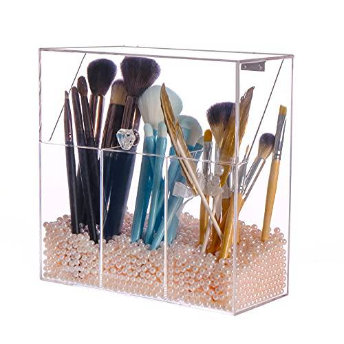 Makeup Brush Holder with Decorative Pink Pearls, 3-Slot Personal Organizer with Closable Protective Lid, Heavy-Duty Acrylic, Bathroom Cosmetics Storage System……