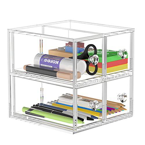 AITEE Acrylic Drawer Organizer and Storage, Clear Desk Drawer Storage Case, 4 Drawers Display Container for Stationery/Office Supplies/Bathroom/Home.