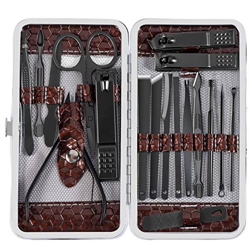 Manicure Pedicure Set Nail Clippers - 18 Piece Stainless Steel Manicure Kit (Black and Brown)